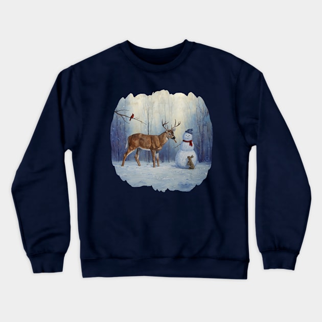 Funny Deer Eating Carrot Nose of Christmas Snowman Crewneck Sweatshirt by csforest